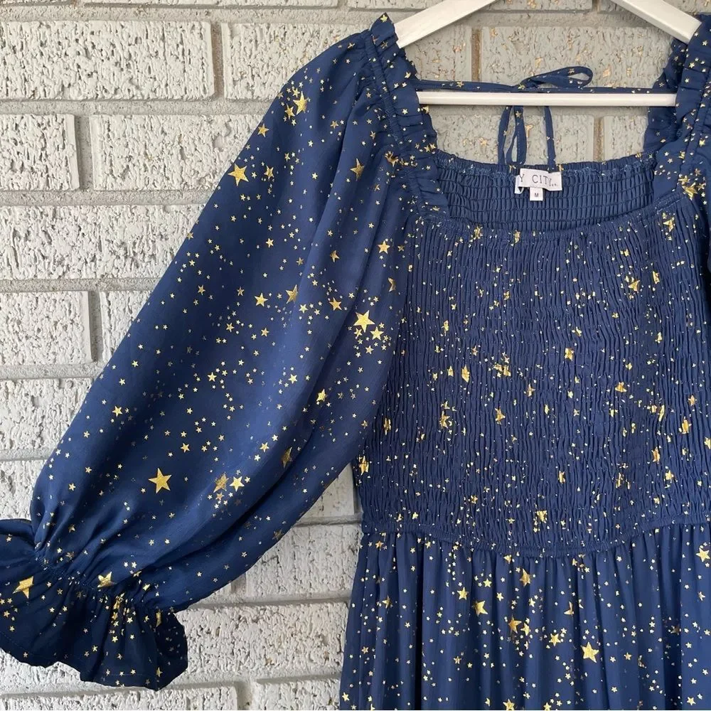 Ivy City Co Starry Nights Dress Navy Blue Gold Stars Size Medium - Picture 5 of 7